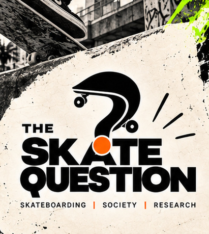 The Skate Question graphic poster with skateboard-shaped question mark, black editorial typography and orange accent